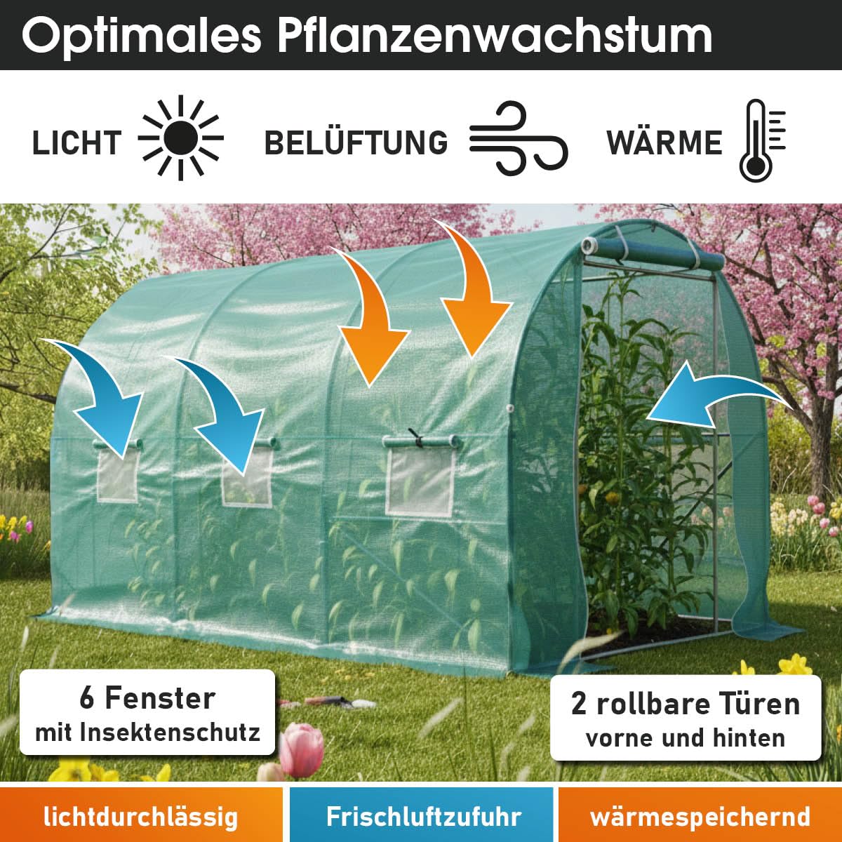 BRAST Gewächshaus Foliengewächshaus mit Stahlfundament | 2x3m - 3x8m | inkl. Erdanker Unkrautvlies & 6 Aufrollbare Fenster mit Moskitonetz | UV-stabilisierte Gitterschutzfolie 200g/m² | 200x300cm