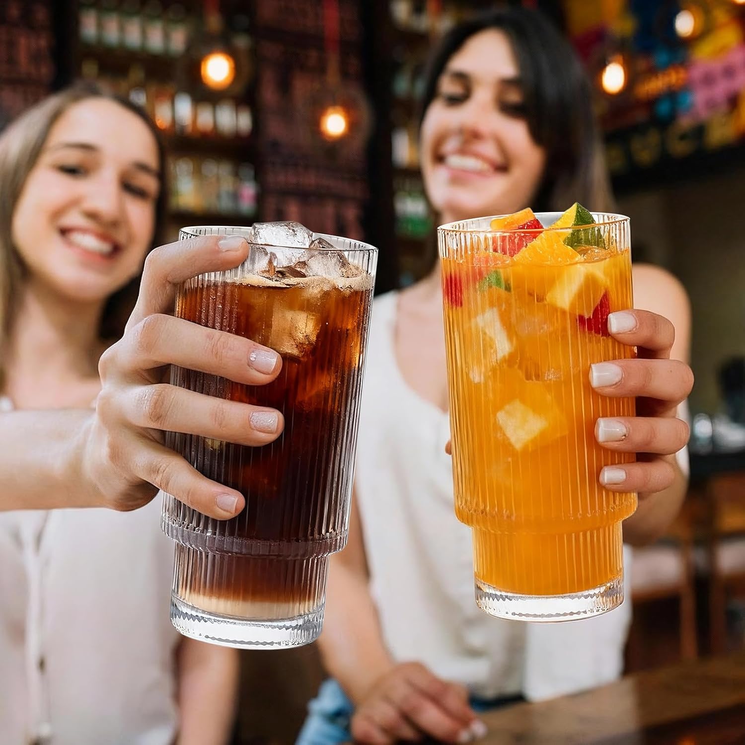 Ribbed Drinking Glasses Set of 8, Stackable Cute Kitchen Glasses Cups 16oz and 7oz Iced Coffee Glasses cocktail Glass cup for Water, Beverage, Whiskey