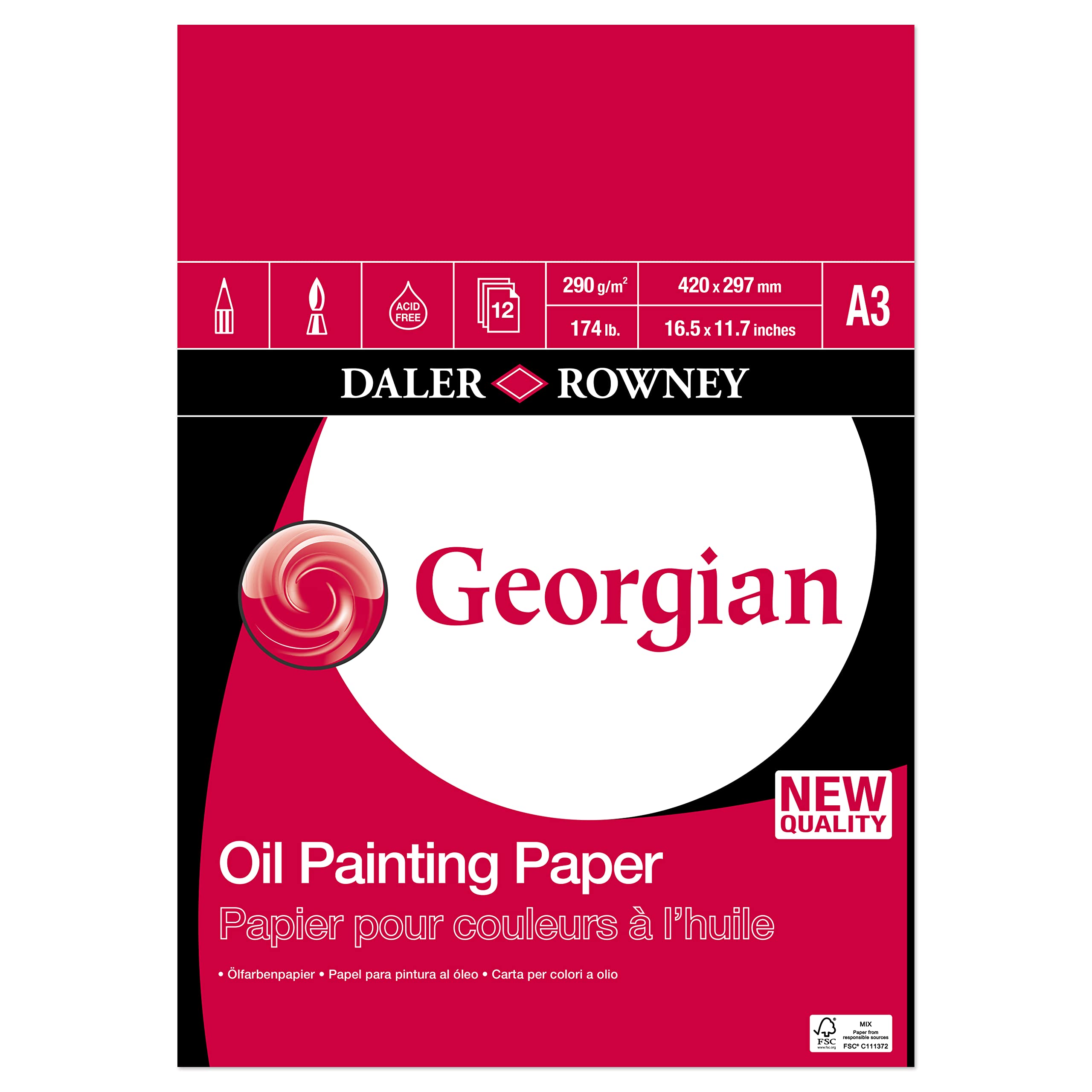 Daler-Rowney Georgian Oil Paper, Linen Texture, 290 gsm, 174lb, Pad, Glued 1 Side, A3 - approx. 11.7 x 16.5in - 29.7 x 42 cm, White, 12 Sheets