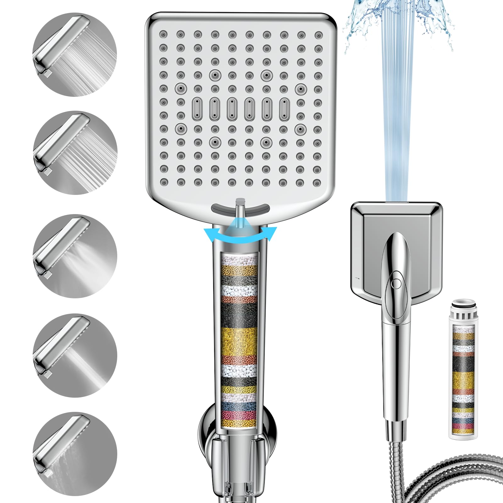 High Pressure Filtered Shower Head with 6 Modes & Hard Water Filters