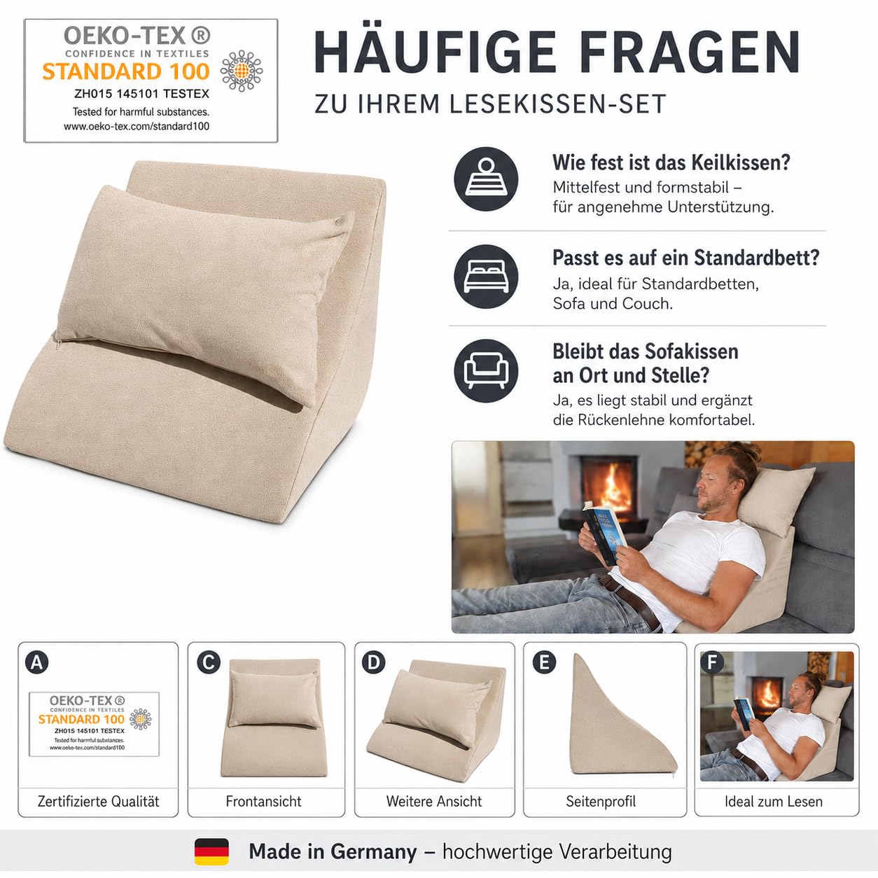 Cuscino per Letto e Divano - Cuscino a Cuneo dalla Forma Ergonomica più un Comodo Cuscino del Divano per Leggere, Guardare la TV e Rilassarsi (marrone chiaro)