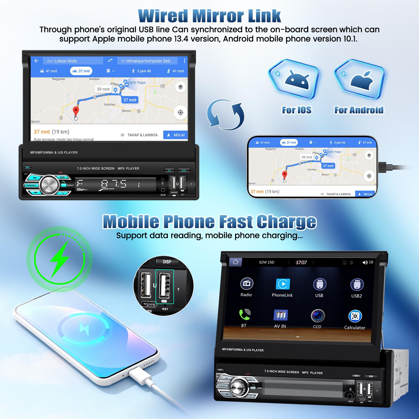 1DIN Autoradio avec Écran Rabattable et Carplay et Android Auto sans Fil, Autoradio 1 DIN à Écran Tactile 7 Pouces avec Bluetooth/SWC/USB/FM + Caméra de Recul + Microphone