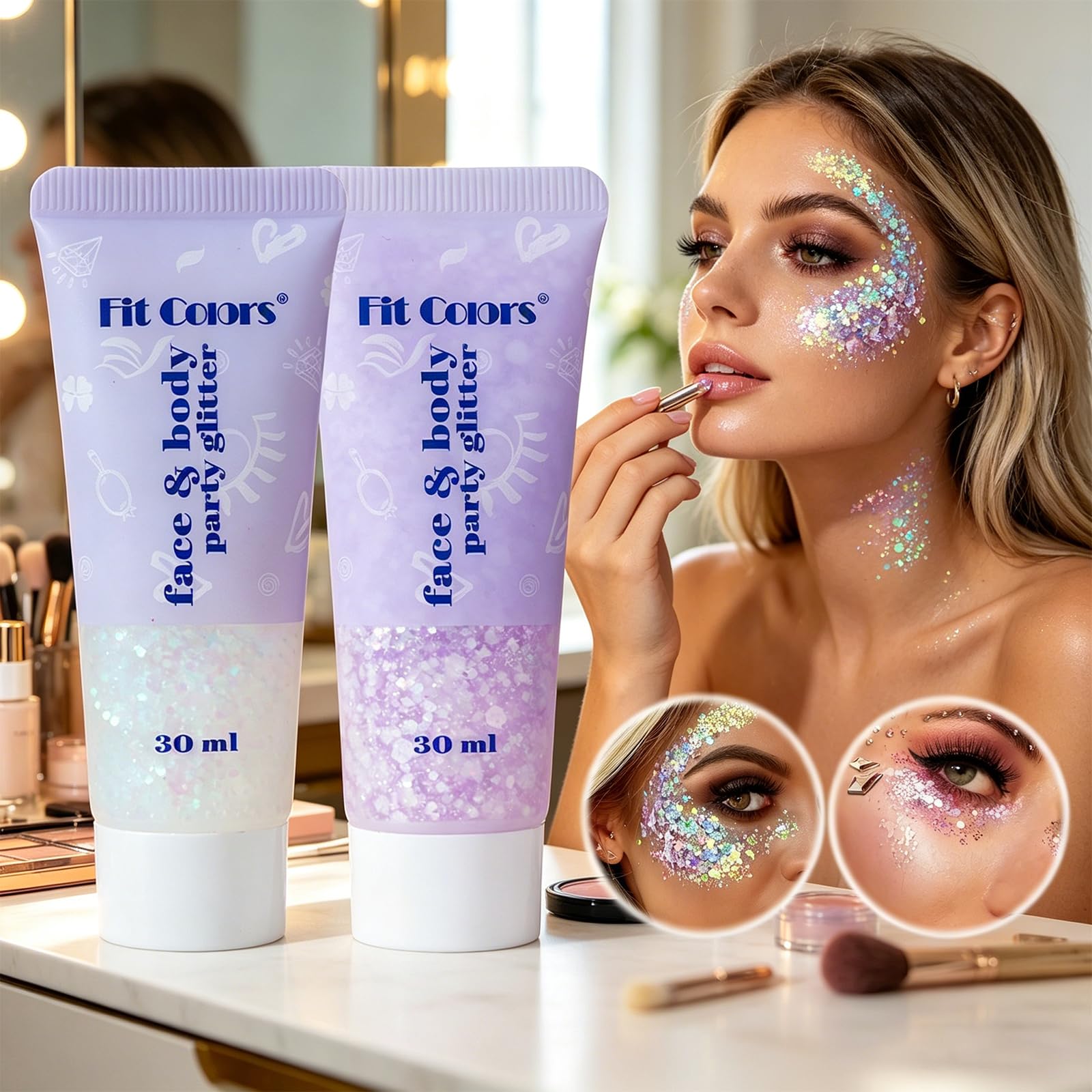 Glitter Gel Chunky 2x30ml Bianco & Rosa Argento. Gel Scintillante Viso, Corpo, Capelli a Lunga Tenuta per Festival, Feste, Carnevale.