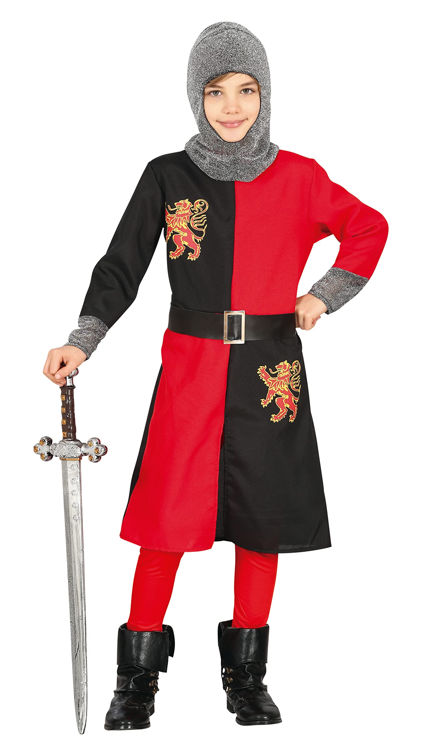 FIESTAS GUIRCA Disfraz de Caballero Medieval Niño - Atuendo Infantil de Guerrero Rojo y Negro para Niños