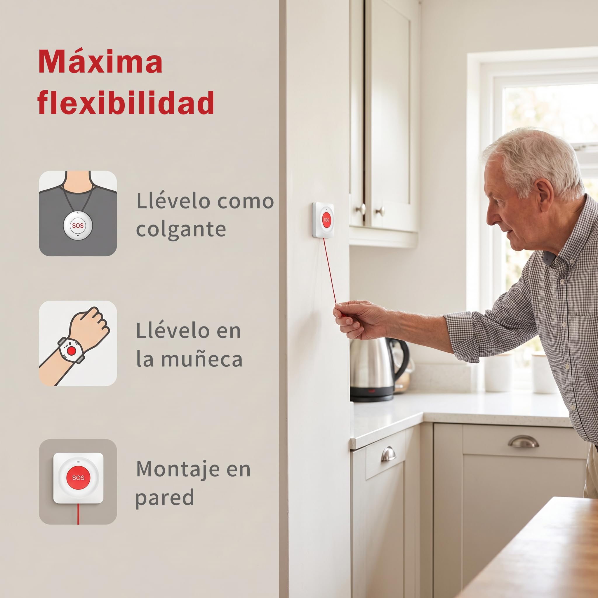 Pulsera con Botón de Emergencia para Ancianos con WiFi, Avisador Personas Mayores sin Suscripción, IP55 Impermeable, Alarma 85 dB, Notificaciones por App y Volumen Ajustable (Kit de 4)