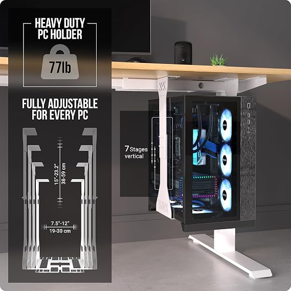 Heavy Duty Under Desk PC Holder Up to 77 lbs Load Capacity - Adjustable Computer Tower Holder - Under Desk Computer Mount (White)
