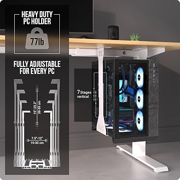Heavy Duty Under Desk PC Holder Up to 77 lbs Load Capacity - Adjustable Computer Tower Holder - Under Desk Computer Mount (White)