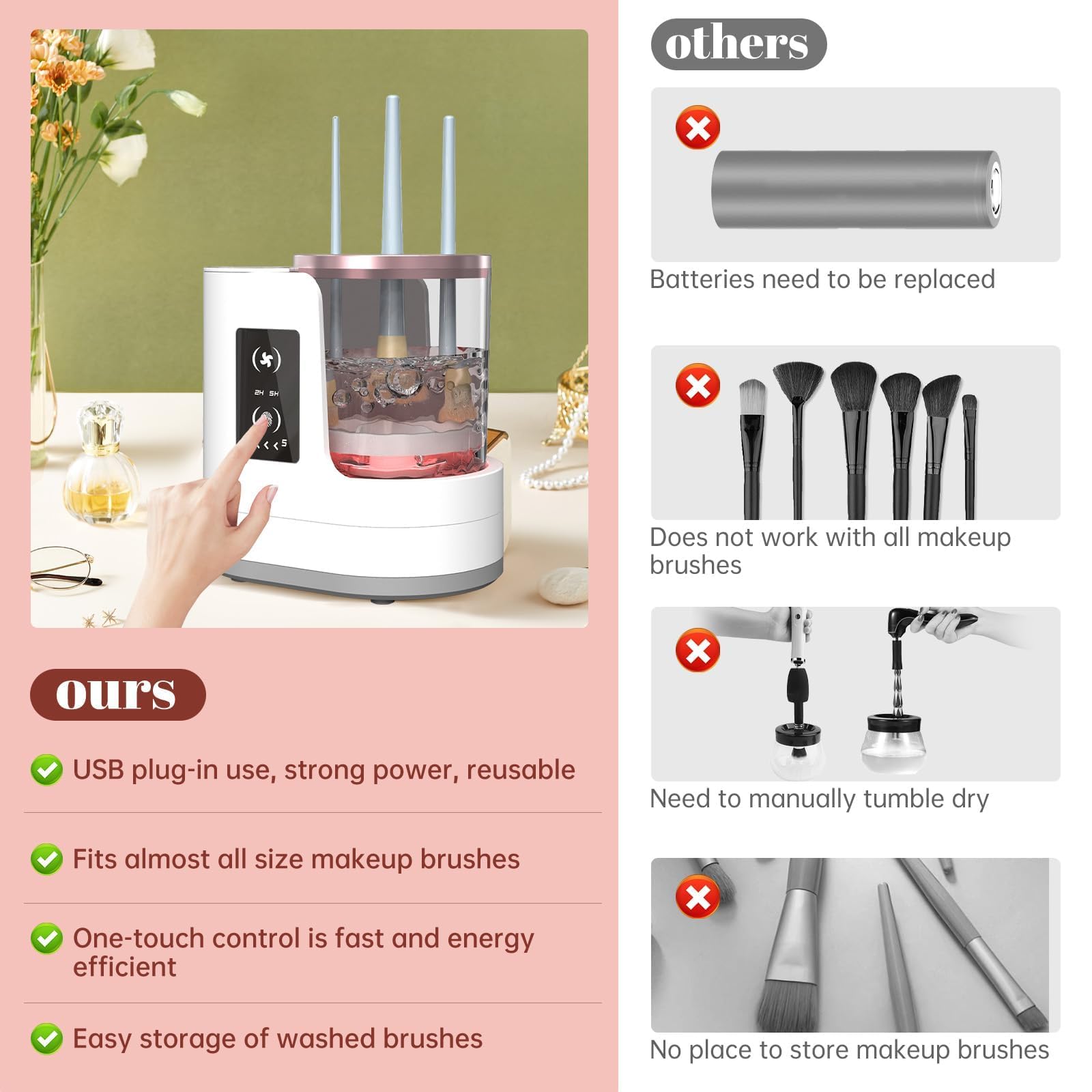 Máquina limpiadora de brochas de maquillaje eléctrica 3 en 1 con soporte para secadora de brochas de maquillaje, portátil, automático, USB, herramienta limpiadora para todos los tamaños, juego de