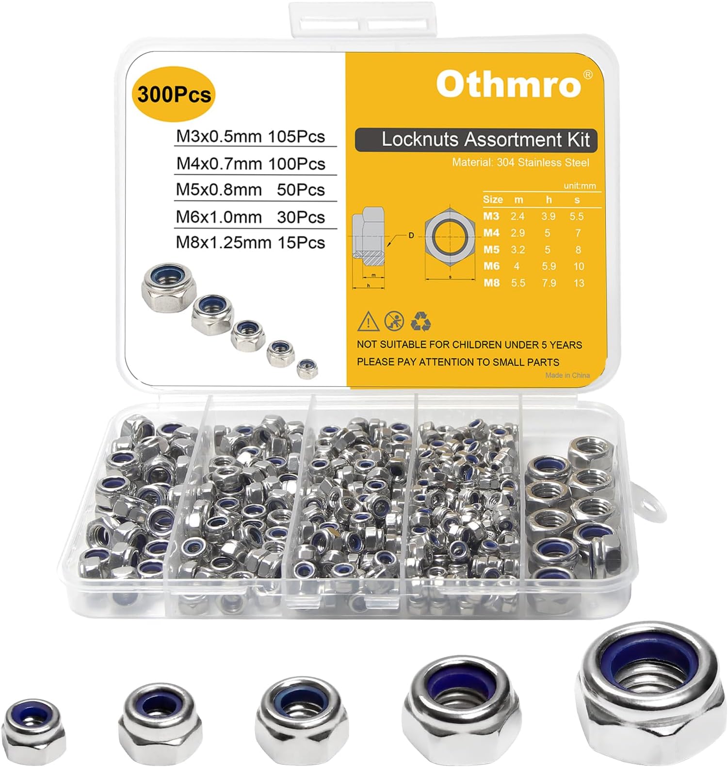 300pcs Locknuts Assortment Kit M3 M4 M5 M6 M8 Hex Nuts Set 304 Stainless Steel Metric Assorted Self-Locking Nylon Insert Right Hand External Hex Drive with Plastic Box