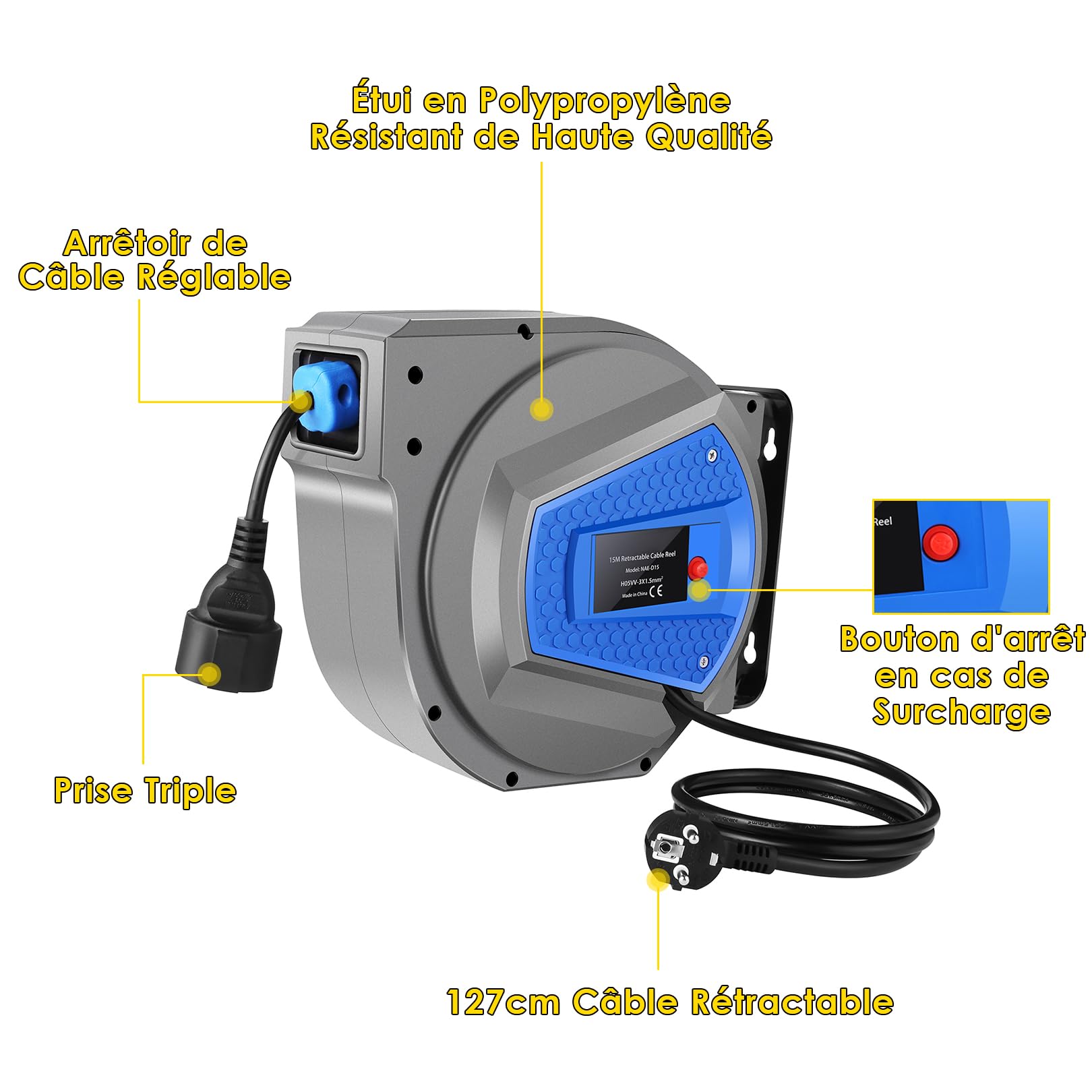 Professionnel Enrouleur de Câble Rétractable Automatique| 15m+1m Enrouleur de Câble Monté Au Mur et Au Plafond| 180° Câble Rotatif à | Pour l'intérieur et l'extérieur| 1500-3000W