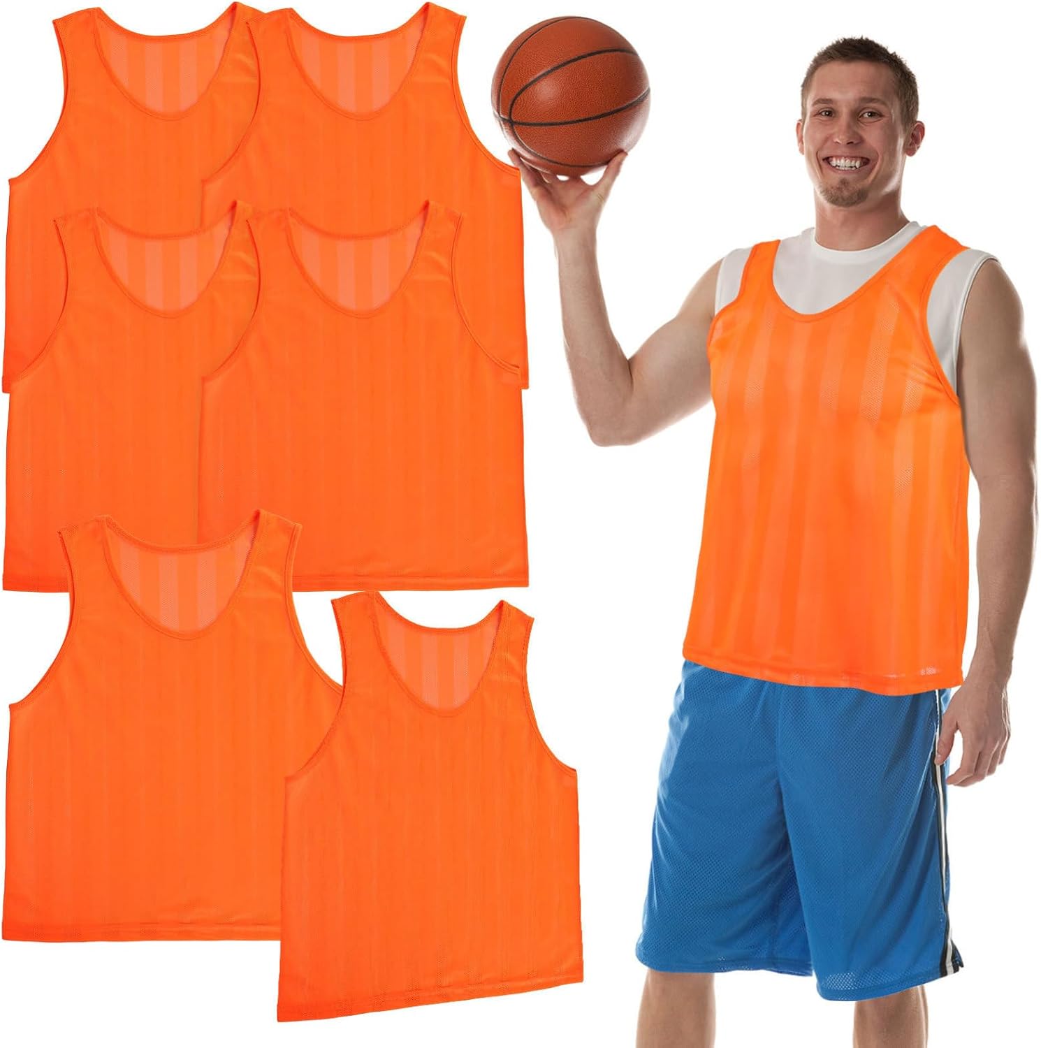 Abaodam 6pcs Lightweight Mesh Training Vests for Adults with Modern Striped Design, Quick-dry Polyester Basketball and Team Sports Jerseys