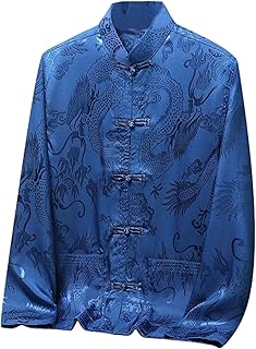 Hombres Primavera Verano Estilo Chino Dragón Patrón Hielo Seda Hanfu Traje Tango Manga Larga Tai Chi Ropa