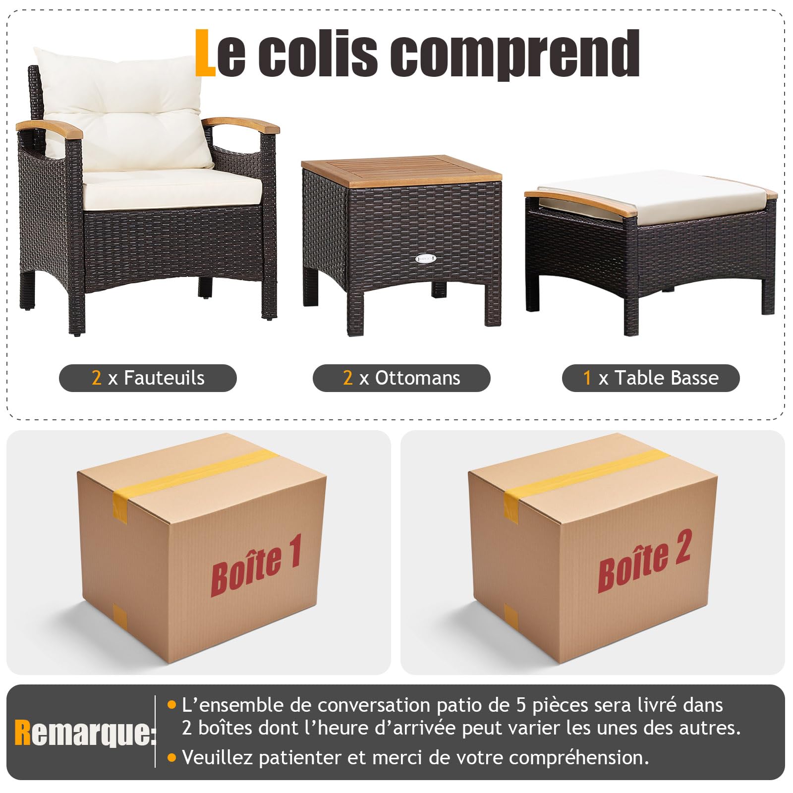 GIANTEX Salon de Jardin Extérieur 2-4 Personnes 5 Pcs en Résine, Fauteuils de Jardin avec Table Basse, 2 Tabourets/Repose-Pieds, Coussins, Pieds Antidérapants, Mobilier de Jardin pour Patio, Balcon