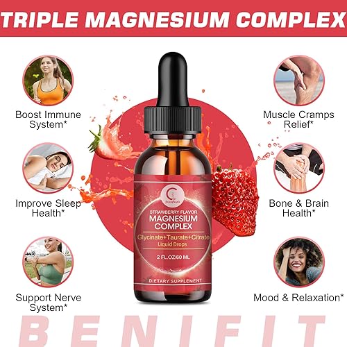 Miniatura 3 de Triple Magnesium Complex - Gotas líquidas de glicinato de magnesio, taurato y citrato con L-teanina, vitamina B6 para dormir, músculo, salud