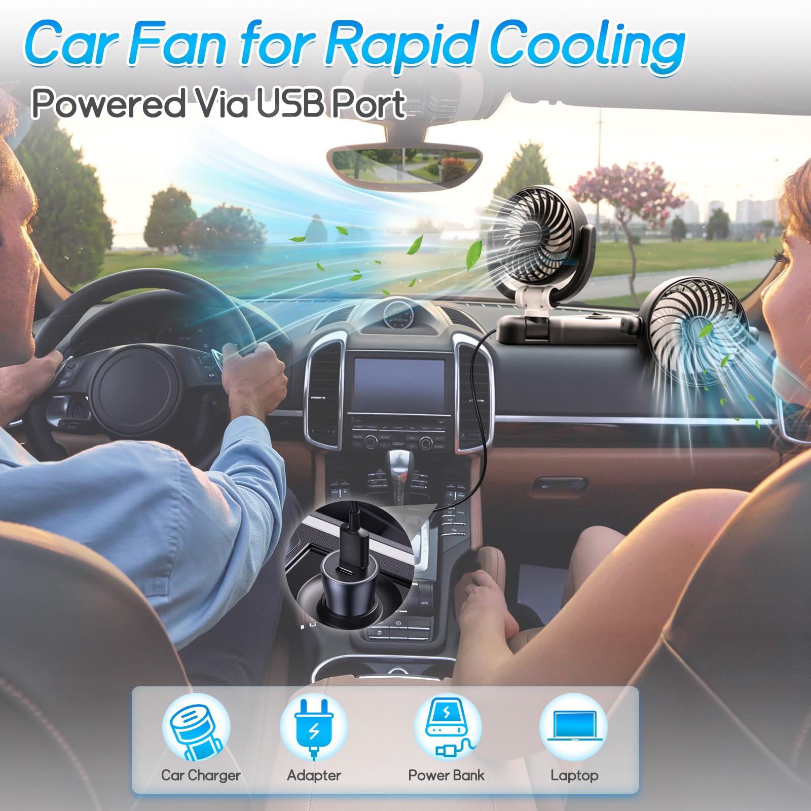 D-Lumina Ventilatore per auto, girevole a 360°, doppia testa, 12 V, con USB, 2 velocità, aria condizionata, per SUV, camper, ATV, barca, auto, targa con adesivo gratuito