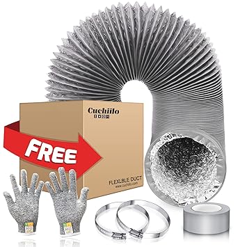 Cuchiilo 6 Inch 16 Feet Duct Gray Flex Ducting Non-Insulated Aluminum PVC Flexible Ventilation Duct,Comes with Two 304 Stainless Steel Hose Clamps, Cutting-Resistant Gloves,and Ducting Tape