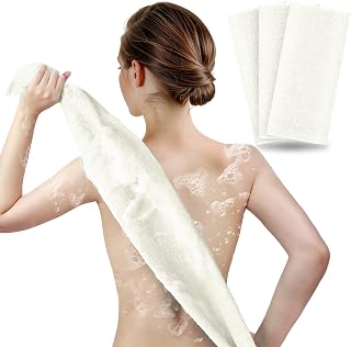 ARCH&M 35-Inch Exfoliating Back Scrubber (3 Pack), Japanese Nylon Beauty Washcloth for Shower, Korean Body Towel for Deep Exfoliation, Removes Dead Skin, Off-White