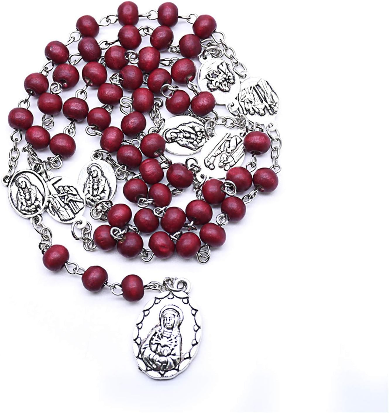 Handmade Wooden Resin Crucifix Rosary Beads Chain Pendant Necklace Colorful Love Heart Catholic Cross Virgin Mary Jesus Necklace for Women Men Religious Lord Praying Jewelry Gift - Image 2