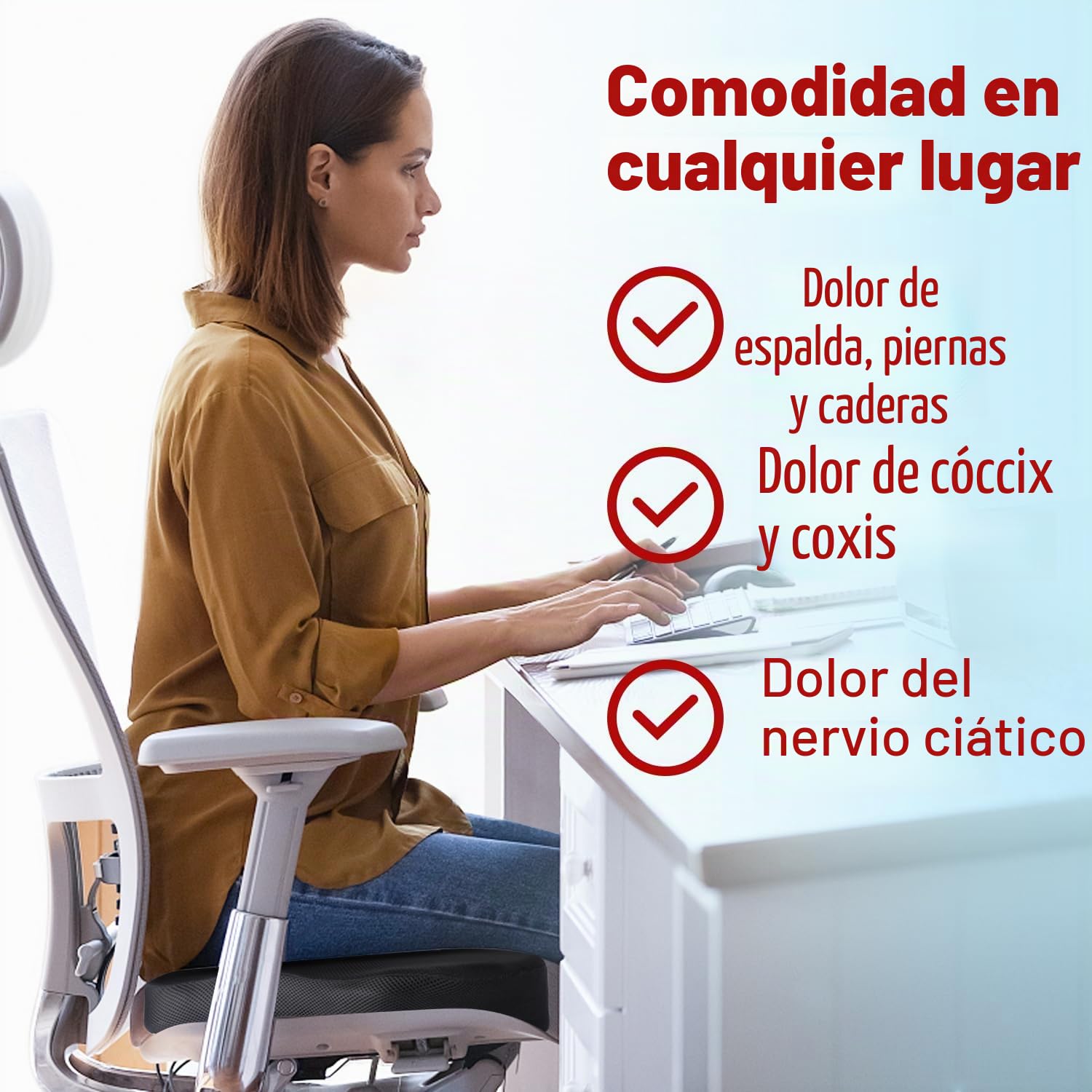 Cojín de asiento ortopédico con forma ergonómica de espuma viscoelástica para aliviar la presión al sentarse durante mucho tiempo, cojín de coxis adecuado para silla de oficina, coche, oficina