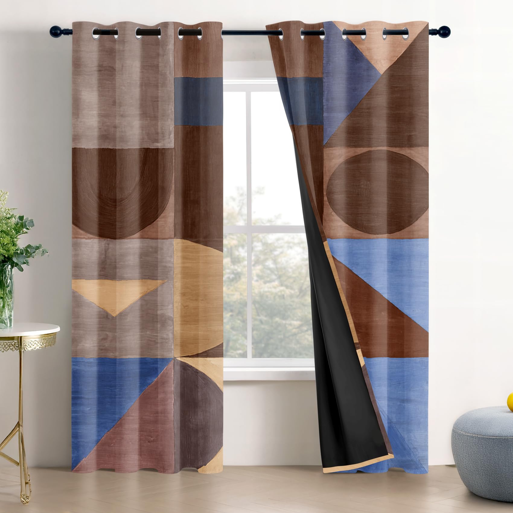 Mistela Retro Curtains for Bedroom, Blue Brown Rustic Abstract Geometric Blackout Thermal Insulated Eyelet Curtains for Living Room, W66 X D72, 2 Panels Drapes Room Decor
