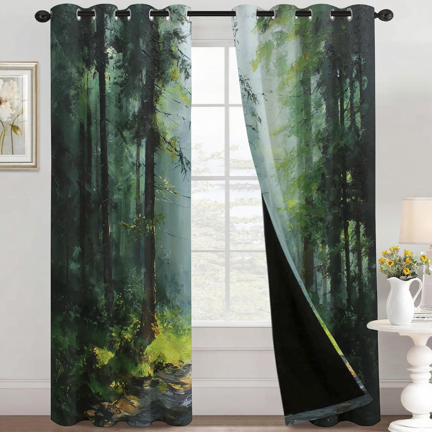 Forest Bedroom Curtains 63 Inch - Nature Landscape Printed Living Room Curtains, Forest Home Decor Blackout Window Drapes with Grommet, 2 Panels Set - HL9512