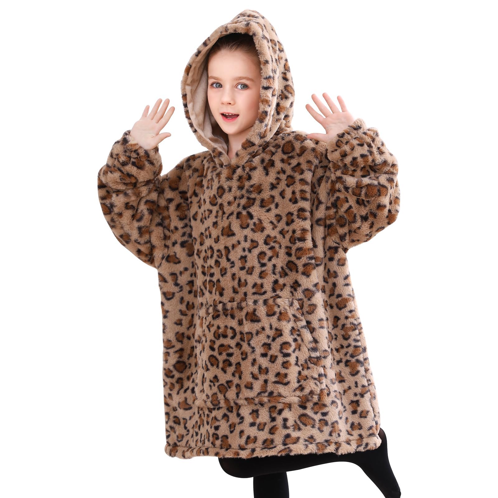 Viviland Wearable Blanket Hoodie for Kids Soft Warm Plush Comfy Hooded Blanket for Girls Brown Leopard Print 6-10 Years Old Girls Gift