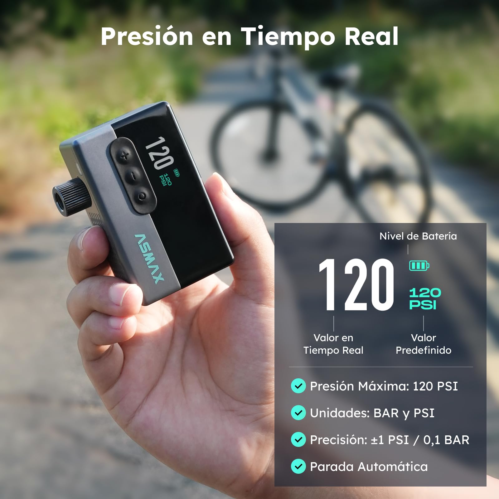 ASMAX T30 Mini Bomba de Bicicleta, 120 PSI,Válvula Schrader y Presta | Inflador Electrico Bicicleta, Pantalla LCD, Batería Recargable, Apagado Automático, Bolsa de Almacenamiento