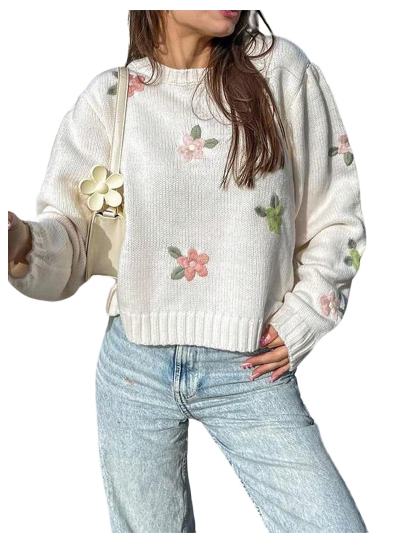 Womens Floral Sweaters Ligthtweight Oversized Embroidered Sweater Long Sleeve Knit Fall Tunics Tops