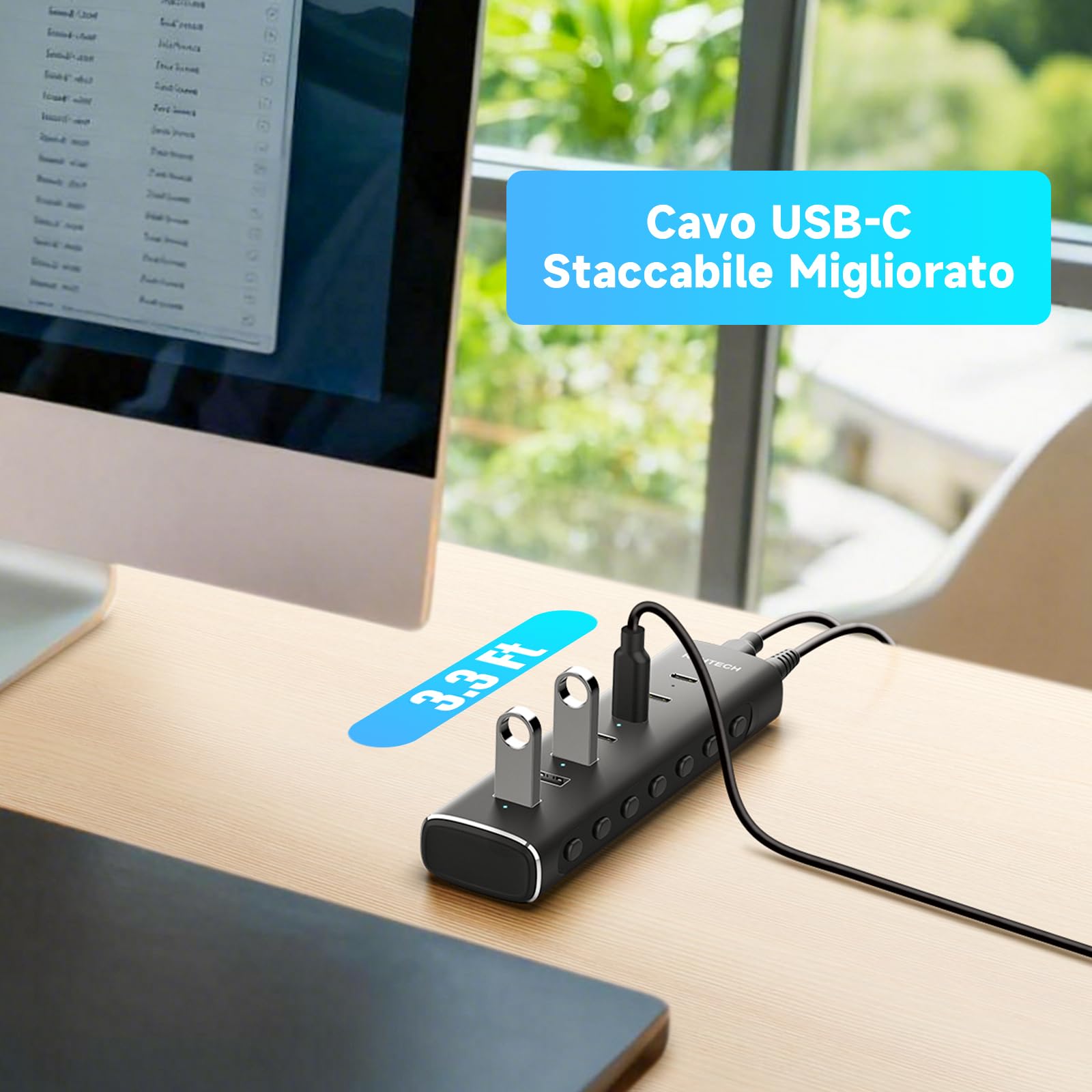 RSHTECH Hub USB C Alimentato, 7 Porte USB Hub 10Gbps con 4 Porte USB-C 3.2 e 3 Porte USB-A 3.2, Cavo da 3.3ft e Alimentatore 36W (12V/3A), USB 3.2 Hub in Alluminio per Laptop, RSH-H7C4