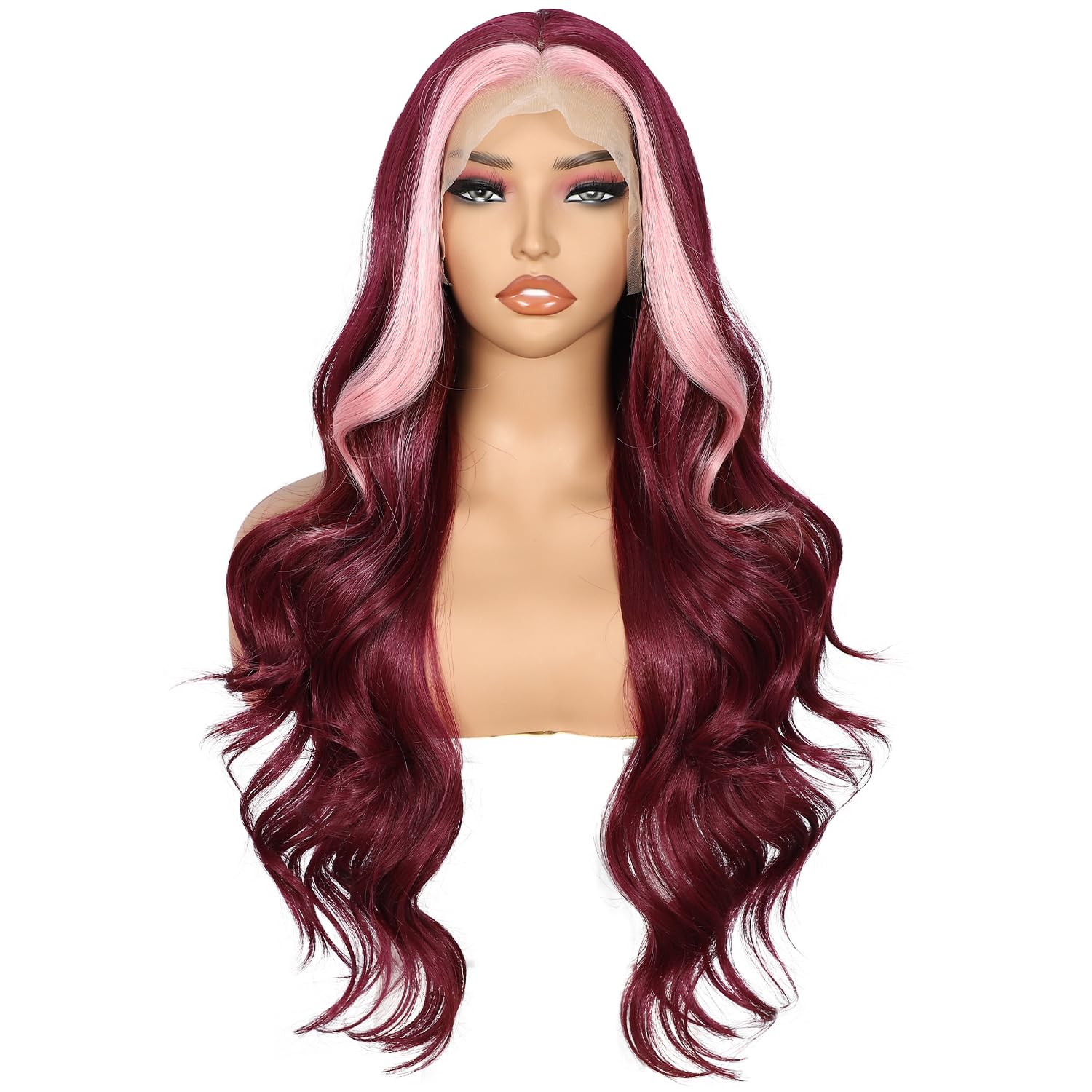 Sapphirewigs Lace Front Wig Burgundy Highlight Synthetic Wigs for Women Body Wave Hair 13x4 Cosplay Party Daily Wear Halloween Christmas Wig 26 inch - Image 2