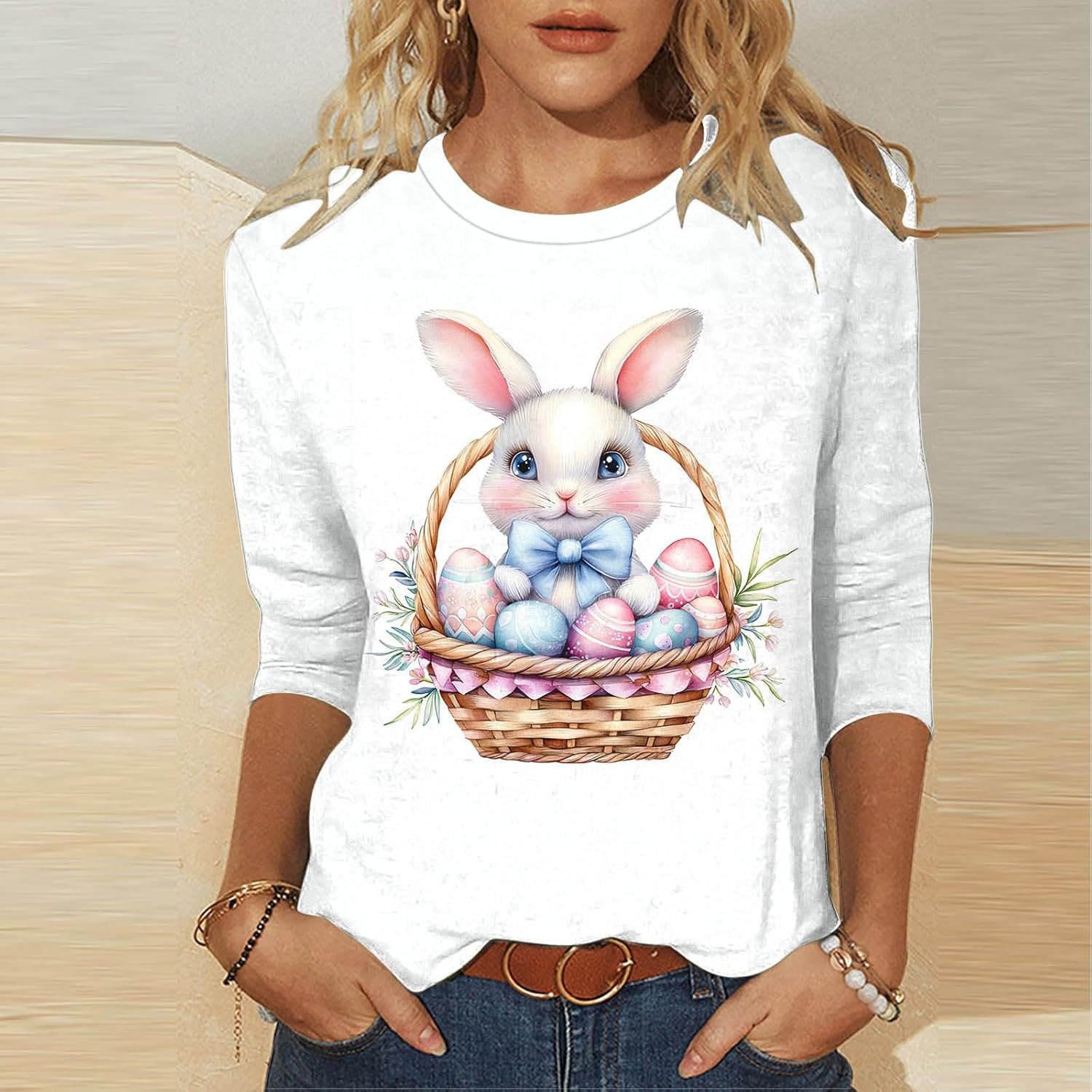 Easter Shirts for Women 2026 Funny Cute Bunny Egg Printed Tees Casual 3/4 Sleeve Tops Happy Easter T-Shirt Outfits - Image 2