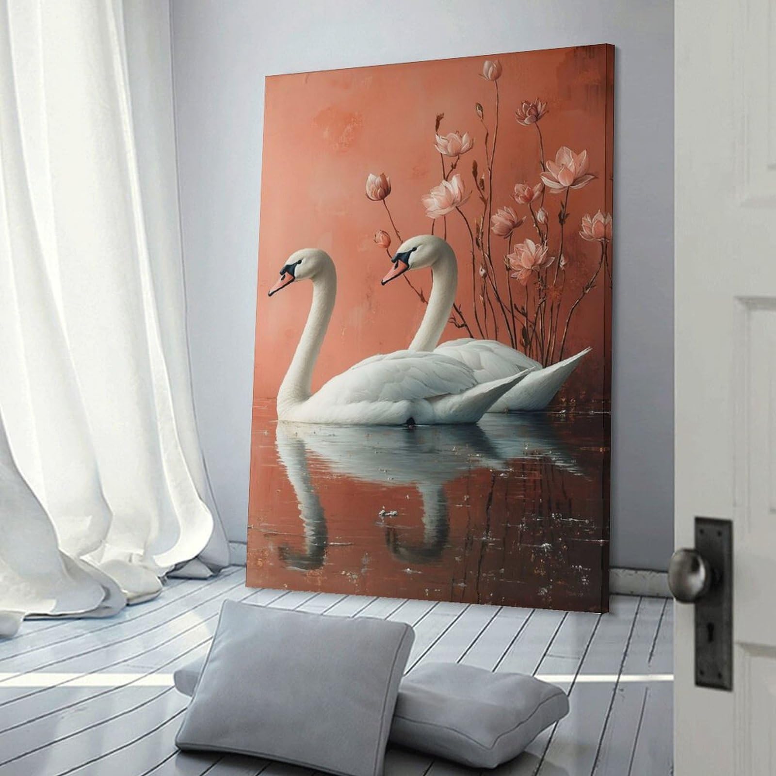 Junmoney Frame-Style-10 Two Swans In Water With Flowers Home Decor Wall Art 24X36inch(60X90cm), For Bedroom, Guest Room Or Reading Nook, Decorative Wall Art For Cosy Rooms