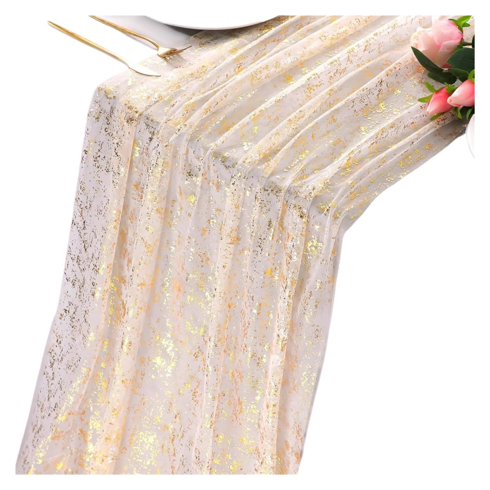 Chiffon Table Runner 10/13FT Table Runner Sheer Chiffon Tulle Cheesecloth Glitter Metallic Foil Gold Party Decor Centerpiece(White Gold,70x300cm)