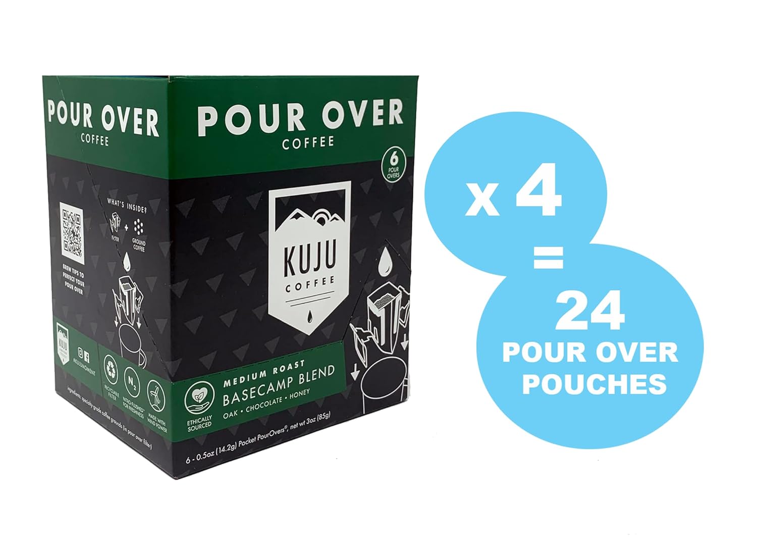 Kuju Coffee Premium Pour Over Individual Coffee Packets - Backpacking, Travel, Camping Coffee Singles - Ethically Sourced & Eco-Friendly - Basecamp Blend, Medium Roast, 24-pack