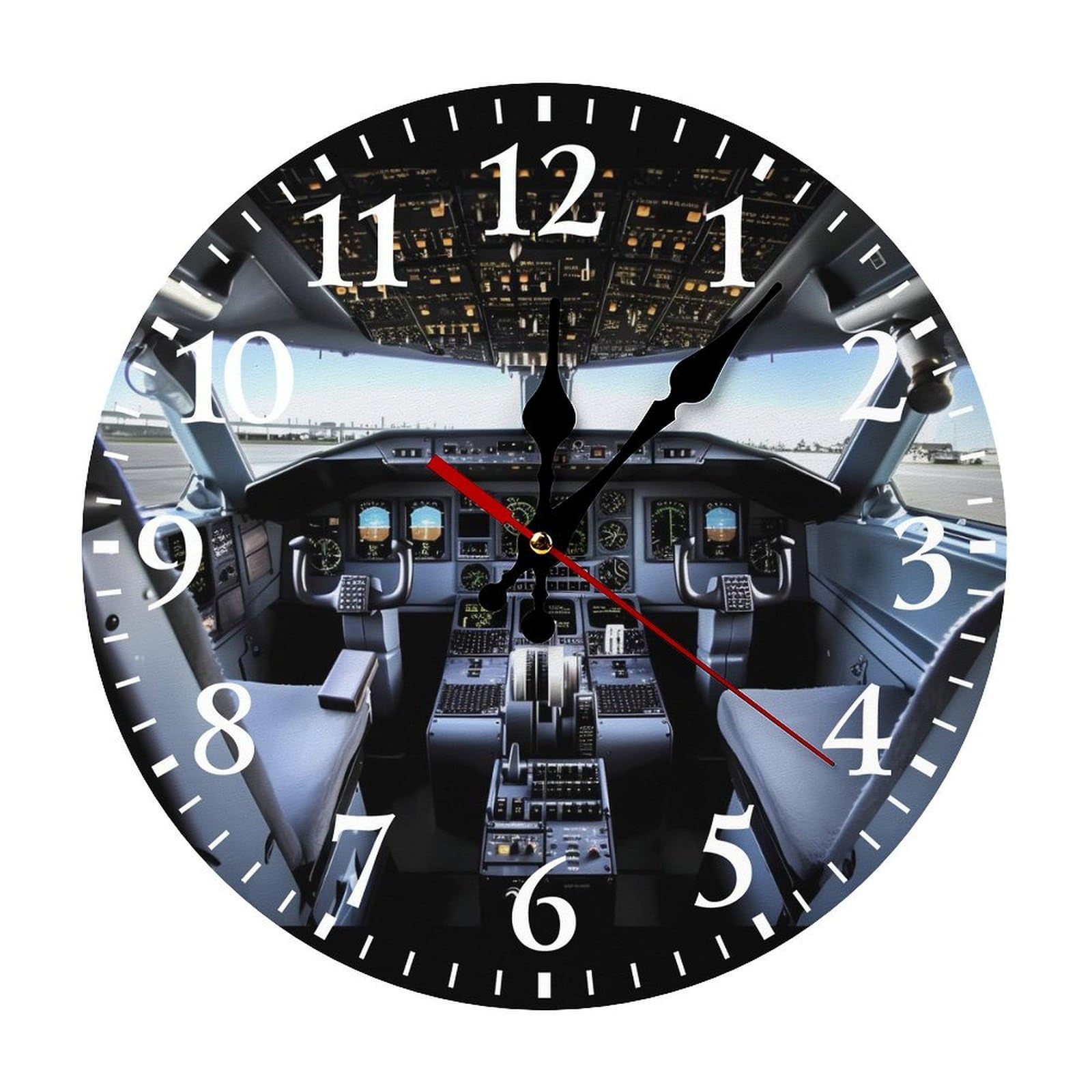 QMNLKH Airplane Cockpit Wall Clock for Home, Battery Operated Clock for Hotel, Round Wall Clock with Arabic Numerals White, Easy to Read, Non-Ticking Clocks for Living Room 25 * 25cm