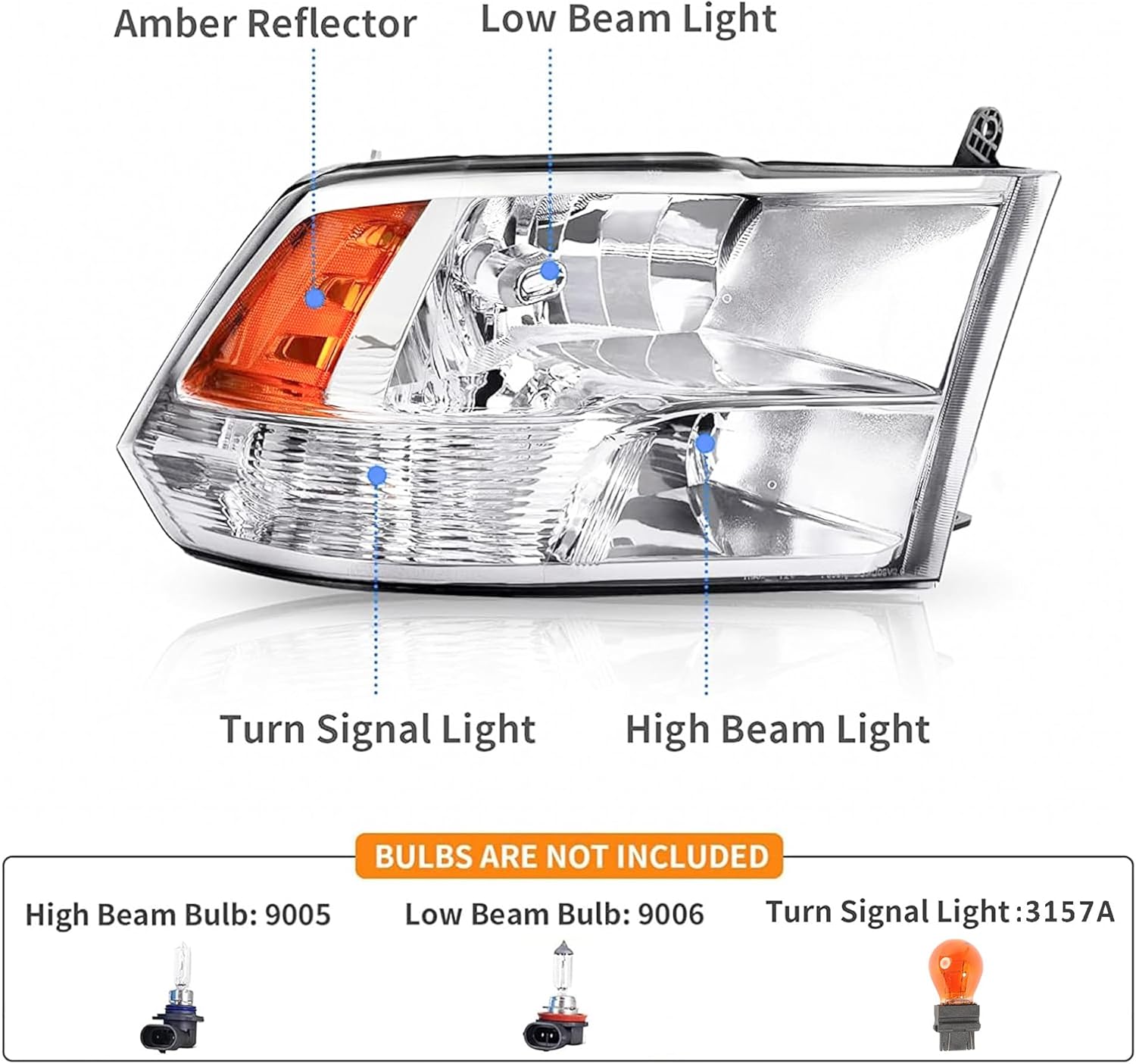 APSVE Headlights Assembly for 2009-2018 Dodge Ram 1500, 2010-2018 Dodge Ram 2500 3500 Headlamp Dual/Quad Beam Model, Chrome Housing Amber Corner