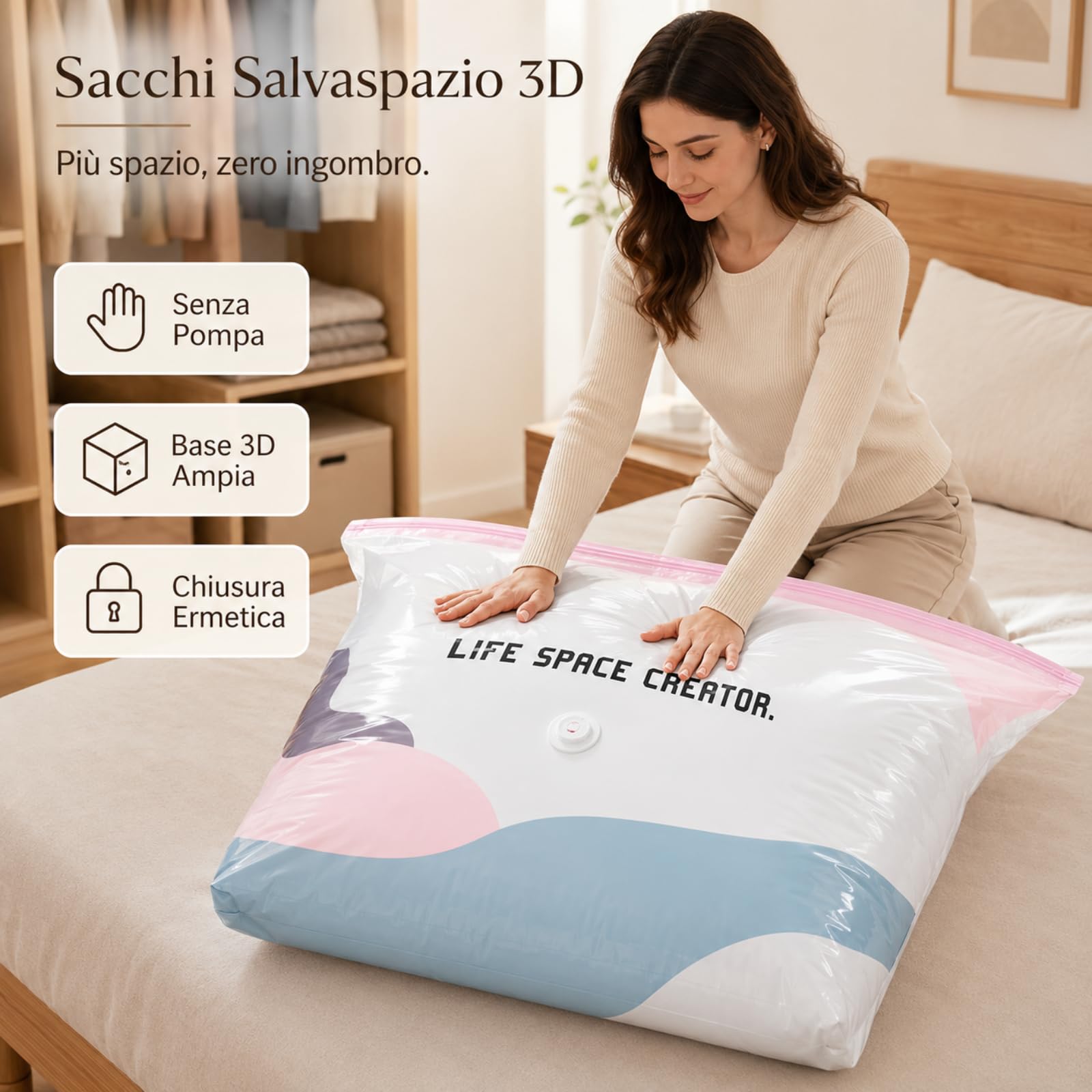 Sacchetti Sottovuoto senza Pompa 3D, Sacchetto per Sottovuoto Grande senza Pompa, Chiusura a Pressione, 3 Secondi Salva Spazio per Vestiti, Piumini