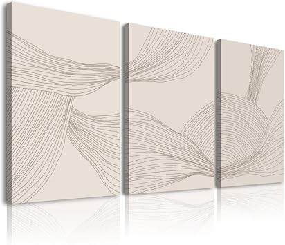 Netural Abstract Wall Art Set of 3,Beige Tones Line Art Prints,Modern Abstract Art Wall Decor Living Room,Minimlist Boho Framed Canvas Artwork,Bohemian Bathroom Bedroom Decor,12x16in