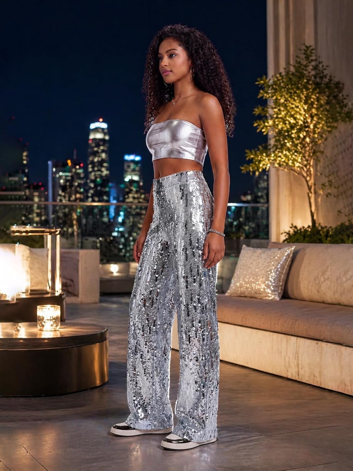 Nawgut Women's Sequin Wide Leg Pants High Waisted Sparkly Palazzo Pants Shiny Disco Rave Party Clubwear Trousers