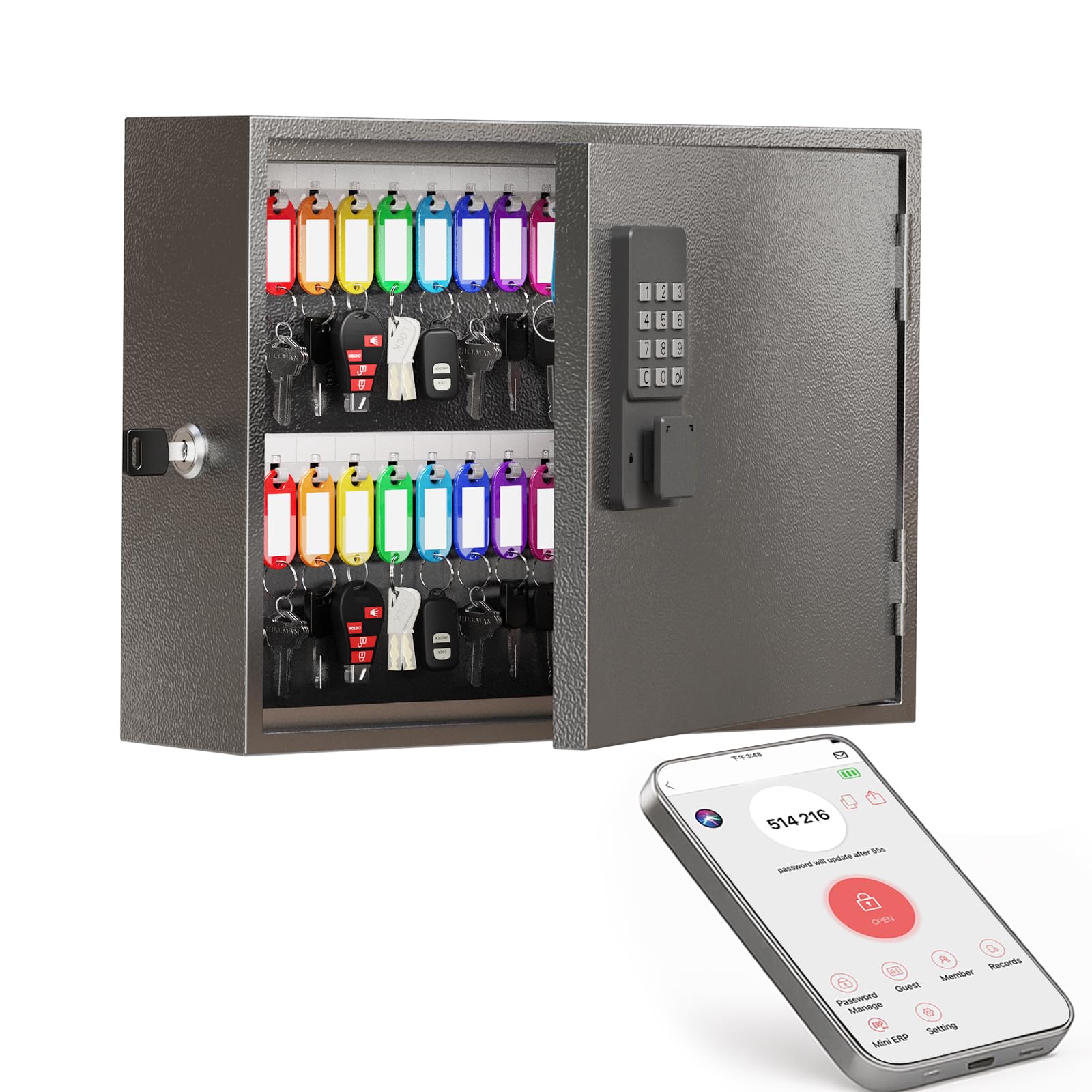 WeHere Smart Key Lock Box, Wall Mounted Key Cabinet with 60 Key Tags, Bluetooth App Control, OTP & Password Unlock, Wi-Fi Remote Unlock (Bridge