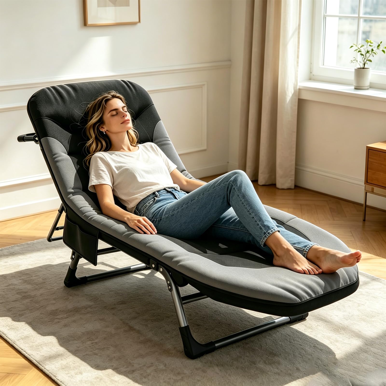 Lit de Camping Pliable XXL, Lit de Camp Pliant avec 6 Dossiers Réglables, Chaise Longue Pliable, Matelas et Poche Latérale Inclus, pour Intérieur, Extérieur, Jardin, Pêche(Gris)