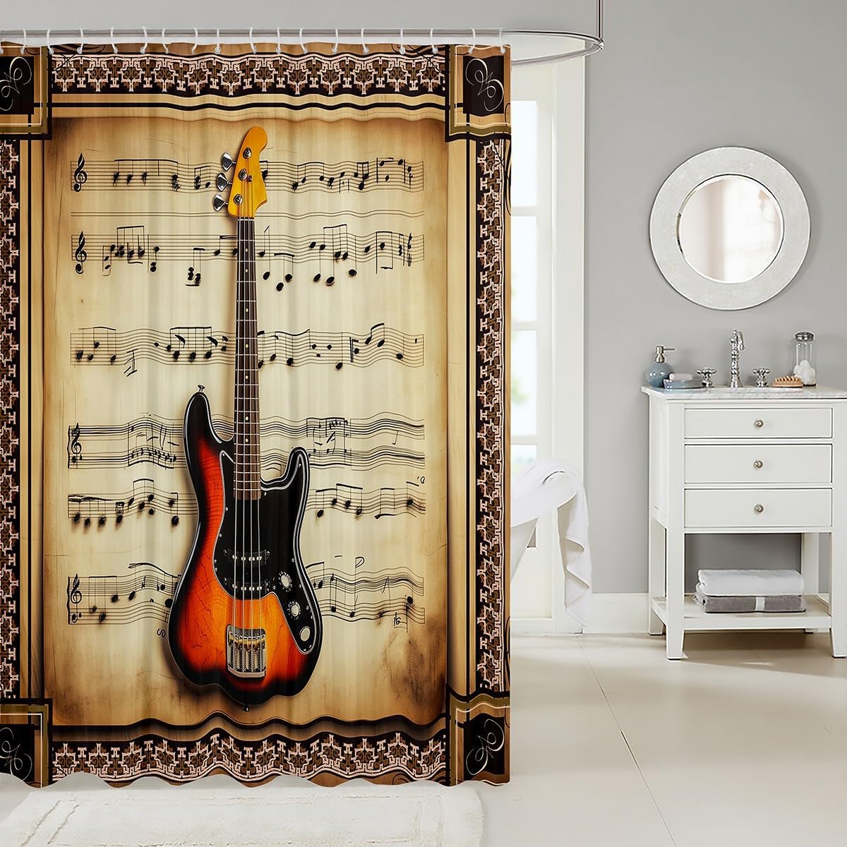 Castle Fairy Rustic Musical Bath Curtain,Guitar Bass Instruments Print Shower Curtain for Kids Boys,Retro Note Boho Ethnic Plaid Waterproof Curtain with Hooks for Stalls, 72Wx72L inch image 3