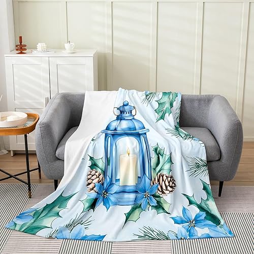 Erosebridal Blue Christmas Flannel Blanket 40x50  Lamp Candle Fuzzy Plush Throw for Sofa Couch Poinsettias Flowers Pine Cones Fleece Blanket