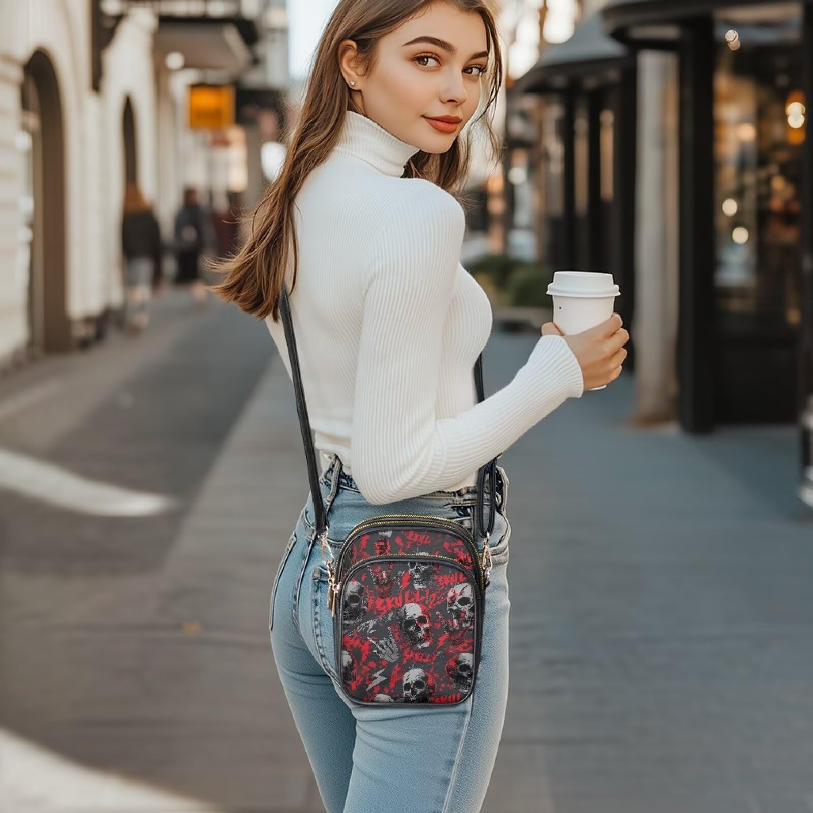 Czerwona czarna czaszka skała torba kurierska dla kobiet crossbody skórzana torebka na ramię mały uchwyt na telefon torba skórzana torba bezpieczne zapięcie na zamek błyskawiczny