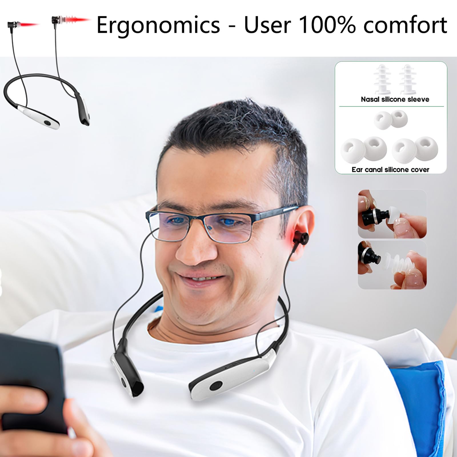 (2 en 1) Capsule luminothérapie silencieuse + apaisant respiratoire，dispositif nasal LED rouge acouphènes，embouts infrarouges，spray anti-acouphènes et écouteurs LED rouge contre les acouphènes (Weiß)