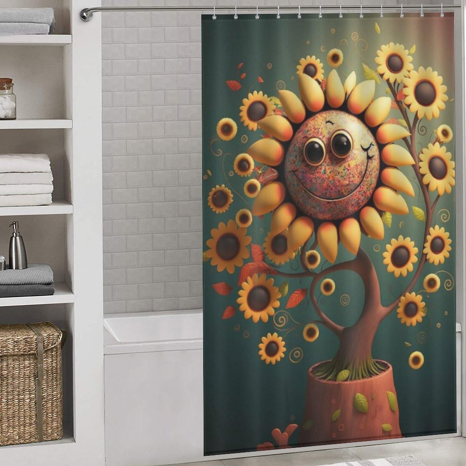 Rideau de douche tournesol en polyester imperméable 140x183cm pour baignoire de maison