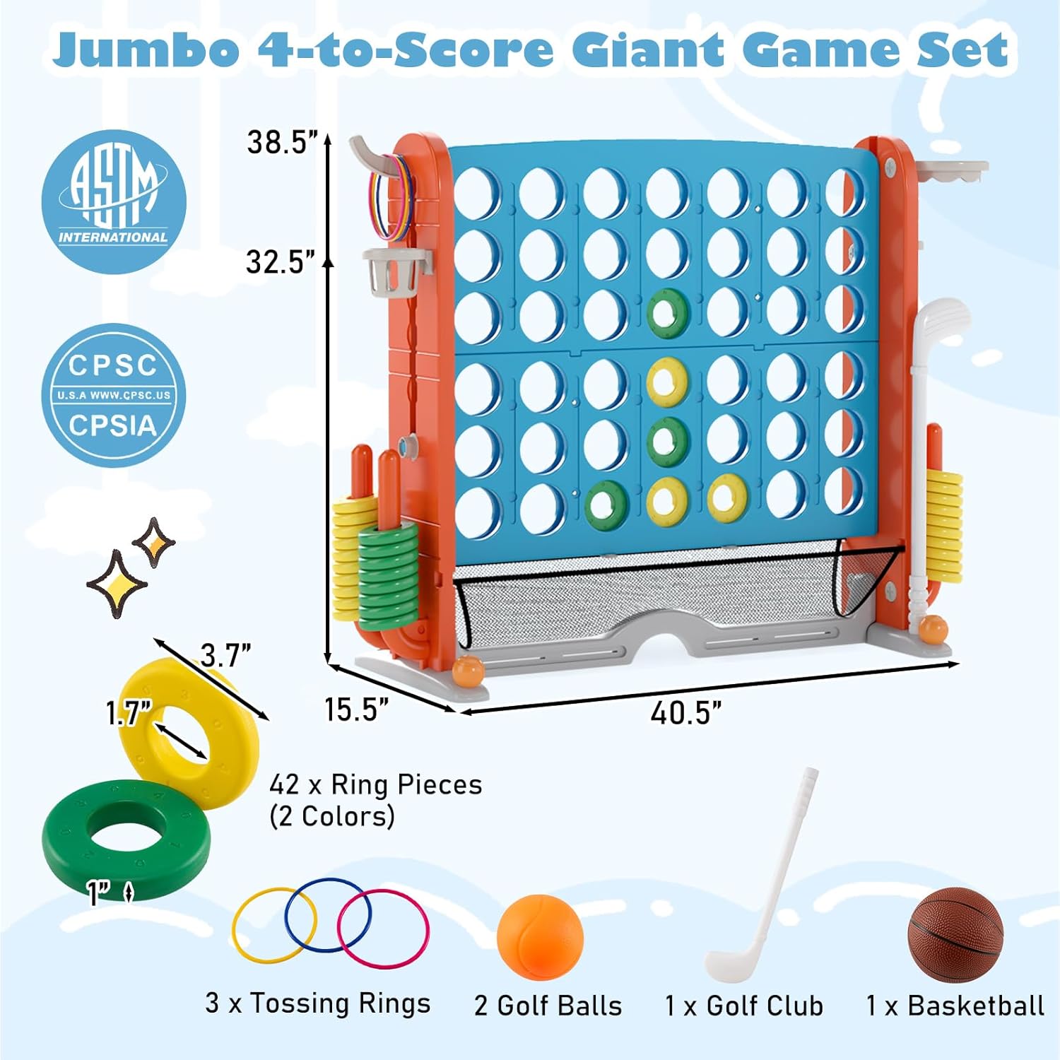 Costzon Giant 4-in-A-Row Connect Game, Height Adjustable 4-in-1 Jumbo 4-to-Score Yard Game with Golf, Ring Toss, Basketball, Cup Holder & Mesh Net, Indoor Outdoor Game for Kids Adults Family Party