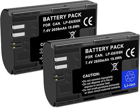 2 Pack LP-E6 LP-E6N Replacement Battery Compatible for Canon EOS R, R5, R6, Ra, XC10, XC15, 5D Mark II/III/IV, 5DS, 5DS R, 6D, 60D 60DA, 6D Mark II, 7D, 7D Mark II, 70D, 80D, 90D Cameras 2650mAh