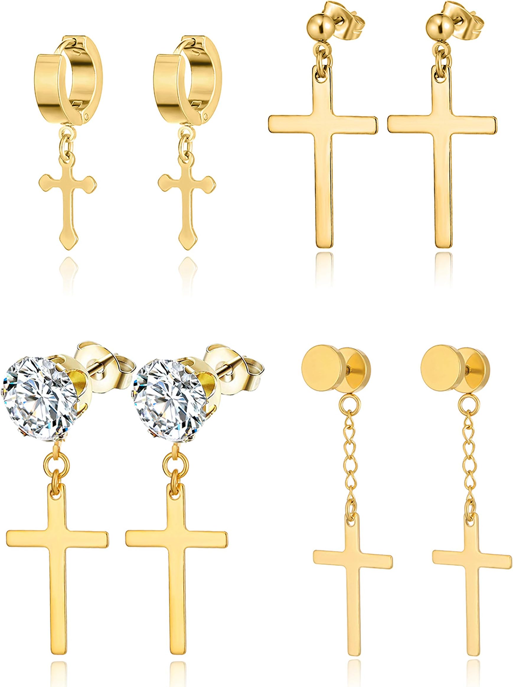 4 Pairs Stainless Steel Dangle Hinged Hoop Earrings Huggie Earrings Piercing CZ Stud for Men Women Silver Gold Black Tone