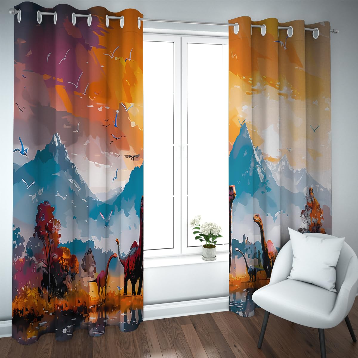 Rideaux occultants en Forme d’Aquarelle en Forme Dinosaure Style Peinture à l’Huile Silhouette d’Animaux Rideaux esthétiques Teinte Turquoise et Orange Rideaux décor 2 Panneaux (W140xL200cm chacun)